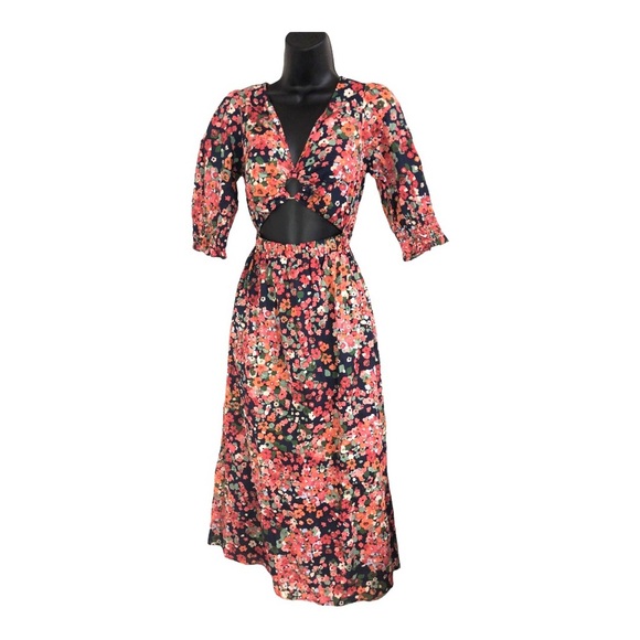 Red orange floral multi midriff cut out cotton v-neck midi dress size medium new - Picture 1 of 16